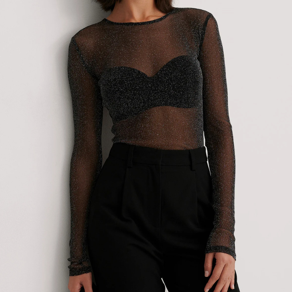 Zara Sheer Glitter Long Sleeve Top in Black